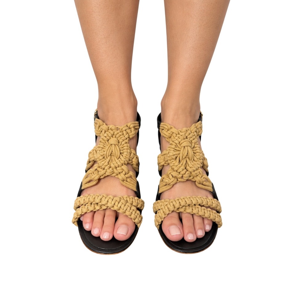 Tory Burch Women's Size 8 Macrame Woven Strappy Flat Sandals Black Tan